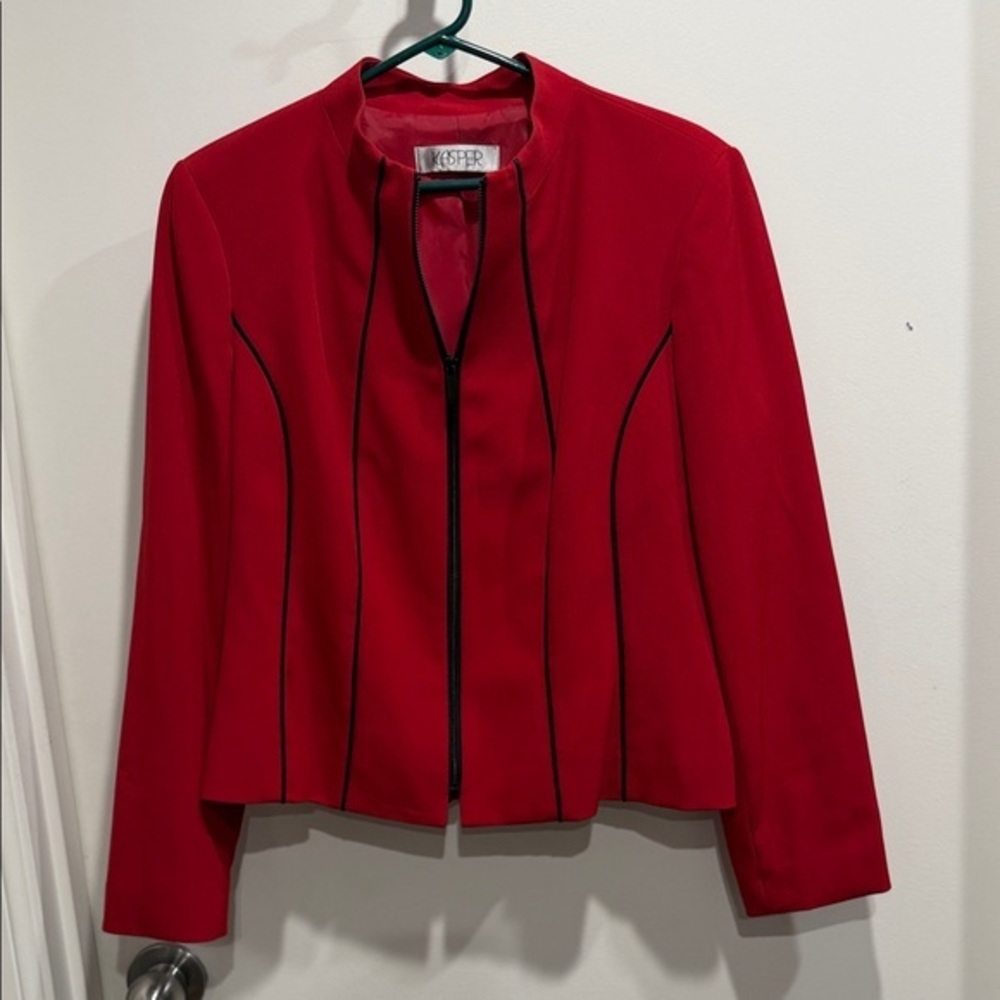 Kasper Size 12/14 Red Zip-Front Blazer with Black Piping. Gently loved.